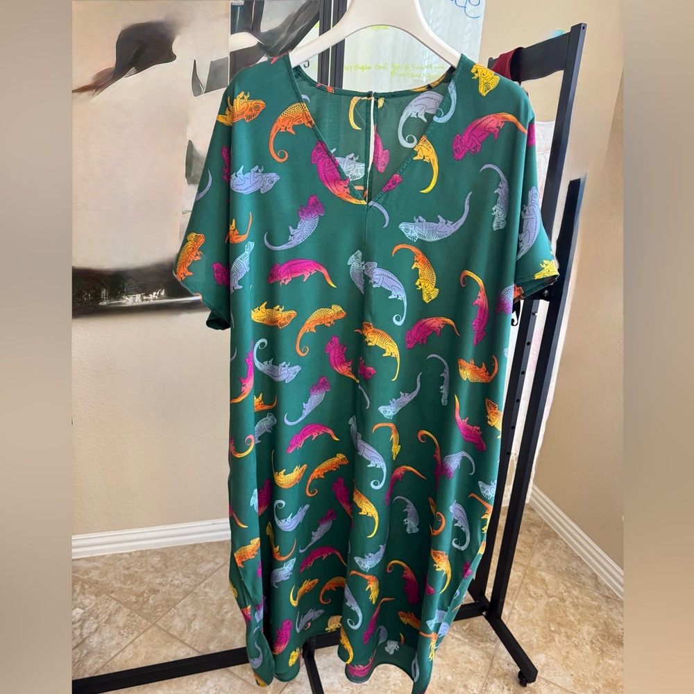 ModCloth Emerald Green Caftan with Multicolor Fish Motif